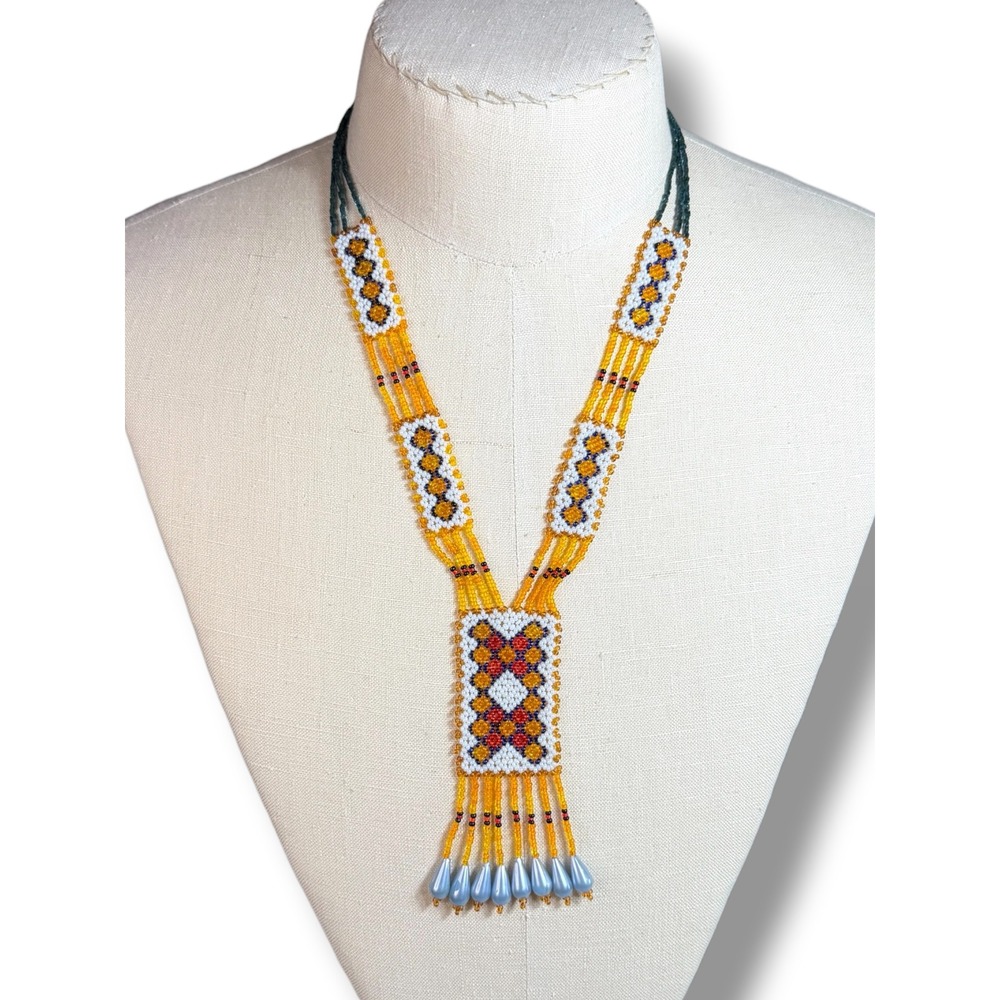 Handmade Seed Beaded Geometric Necklace Southwestern Tribal Boho Folk Western